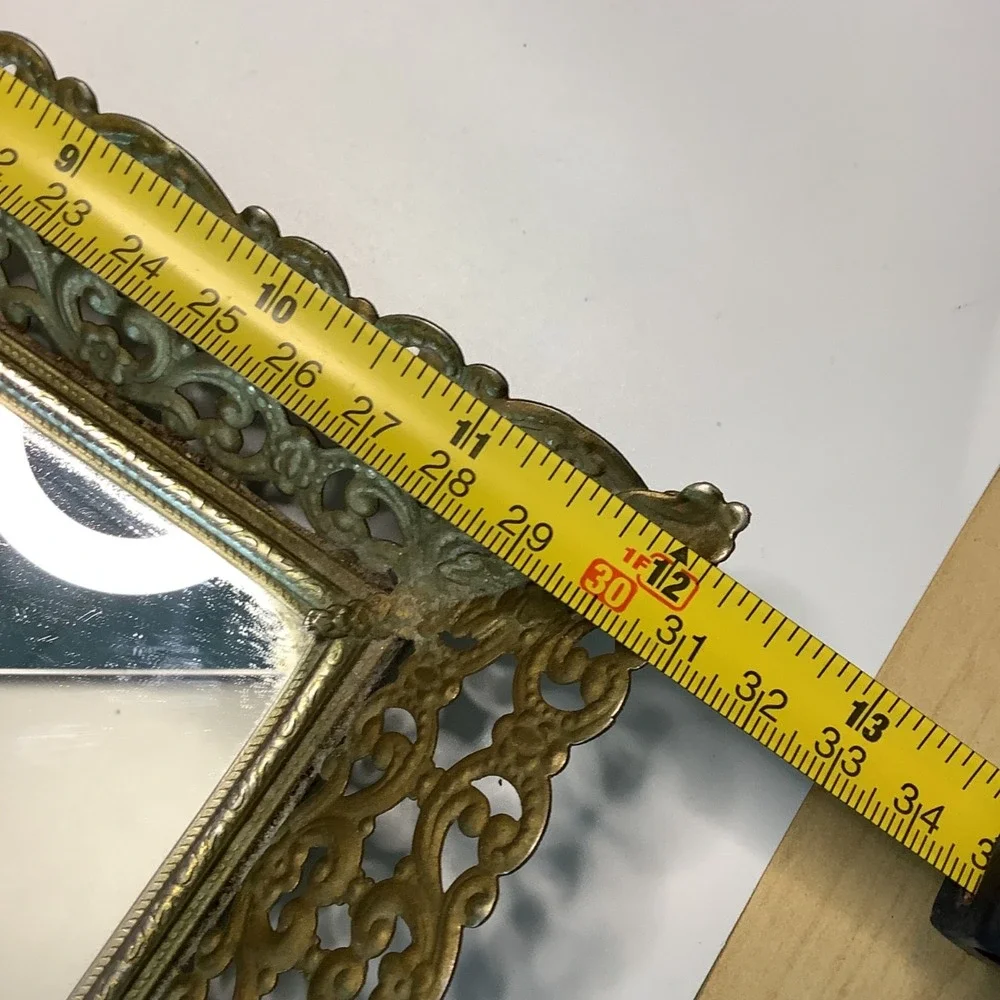 Vintage Mirror Vanity Tray Gold Filigree Metal Rectangle Hollywood Regency MCM